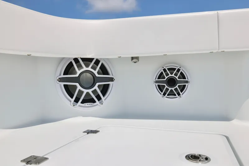 Slide: The Image of Speakers on a 2026 Freeman 43 boat, featuring JL Audio components. - 23