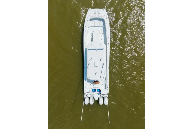 Slide: The Image of Aerial view of 2026 Freeman 43 boat on water. - 5