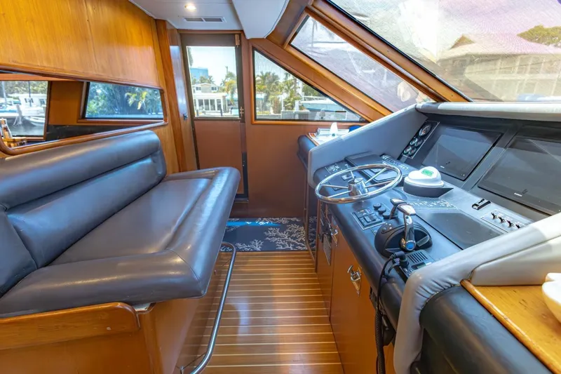 Slide: The Image of Luxurious 1990 Viking Cockpit Motor Yacht interior with leather seating and modern helm controls. - 23