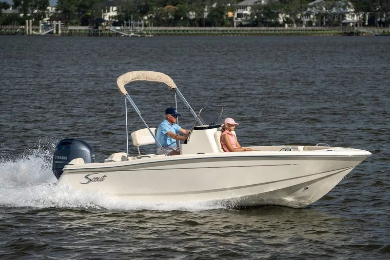 Slide: The Image of Manufacturer Provided Image: 2026 Scout 188 Sportfish boat cruising on water with two passengers. - 13