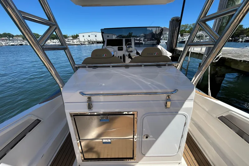 Slide: The Image of Zar Formenti 85 SL boat interior, 2020 model, docked at a marina. - 9