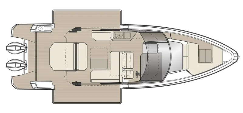 Slide: The Image of Top view of 2025 Saxdor 400 GTC boat layout with twin outboard engines. - 22
