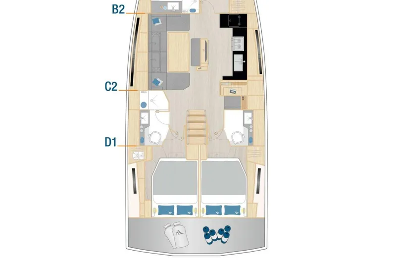 Slide: The Image of Floor plan of 2025 Hanse 460 yacht, featuring cabins, kitchen, and living area. - 39