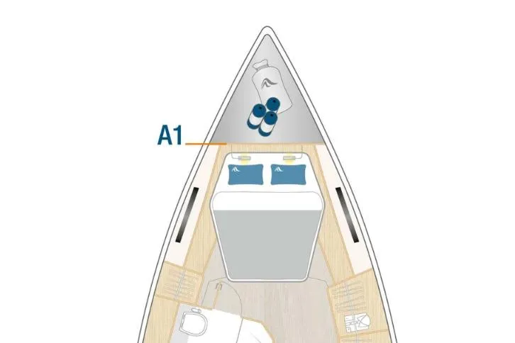 Slide: The Image of 2025 Hanse 460 yacht cabin layout with bed, pillows, and bathroom area. - 38