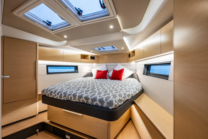 Slide: The Image of Luxurious interior of 2025 Hanse 460 yacht with modern bedroom design. - 21