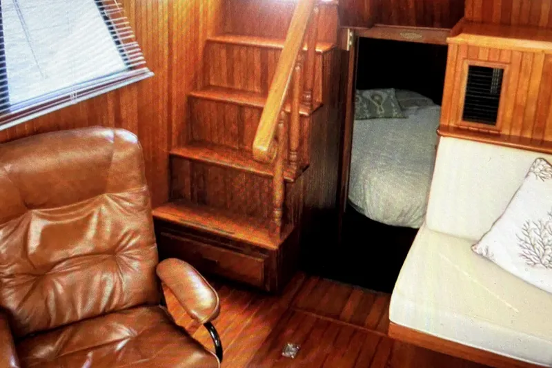 Slide: The Image of Interior of 1987 Senator-Chien Hwa Futura Sundeck with wooden stairs and seating. - 7