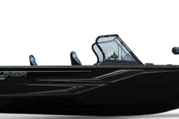 Slide: The Image of 2026 Crestliner 1850 Super Hawk WT JS boat, sleek black design, side view. - 45