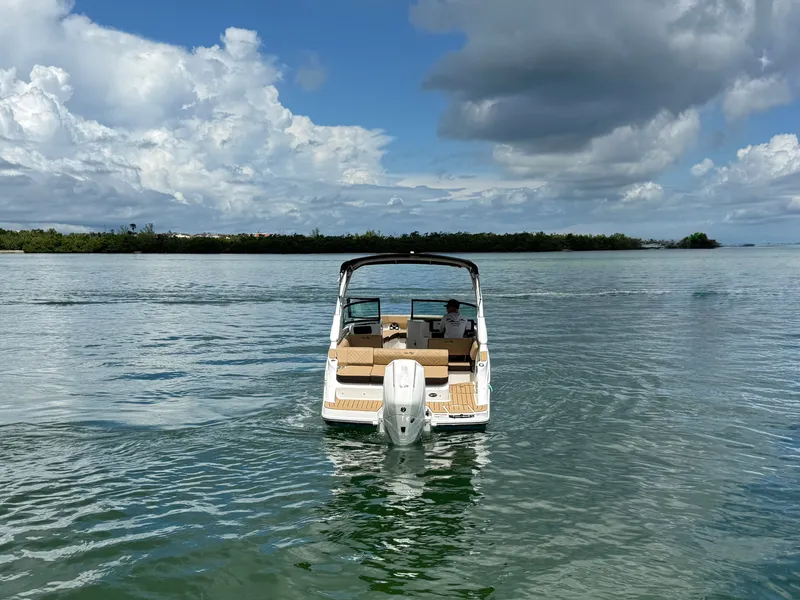 Slide: The Image of A 2026 Sea Ray SDX 230 Outboard on calm water under a cloudy sky. - 4