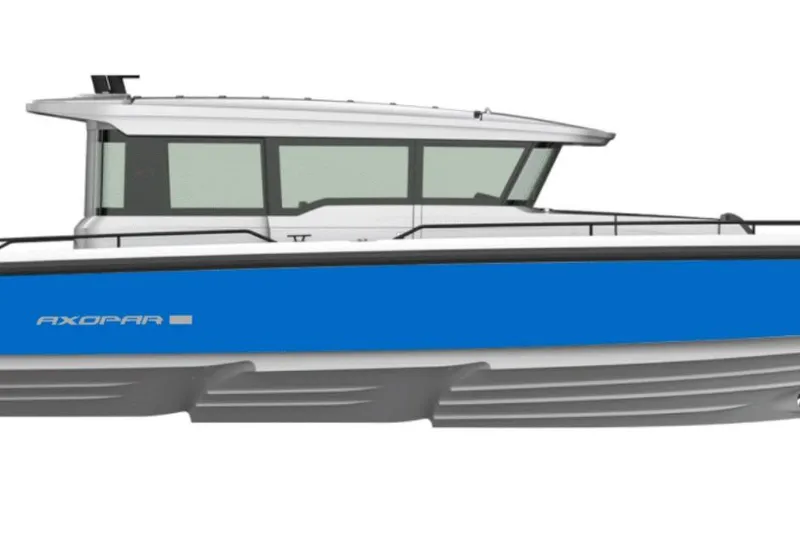 Slide: The Image of 2023 Axopar XC boat with Brabus aft cabin and gull-wing doors, side view. - 7