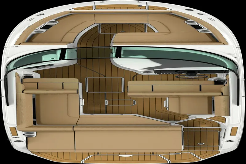 Slide: The Image of Top view of a Sea Ray SDX 250 boat with brown seating and wooden flooring. - 15