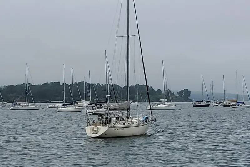Slide: The Image of Sailboats anchored in a calm bay, featuring a 1994 Caliber Cutter Rig. - 3