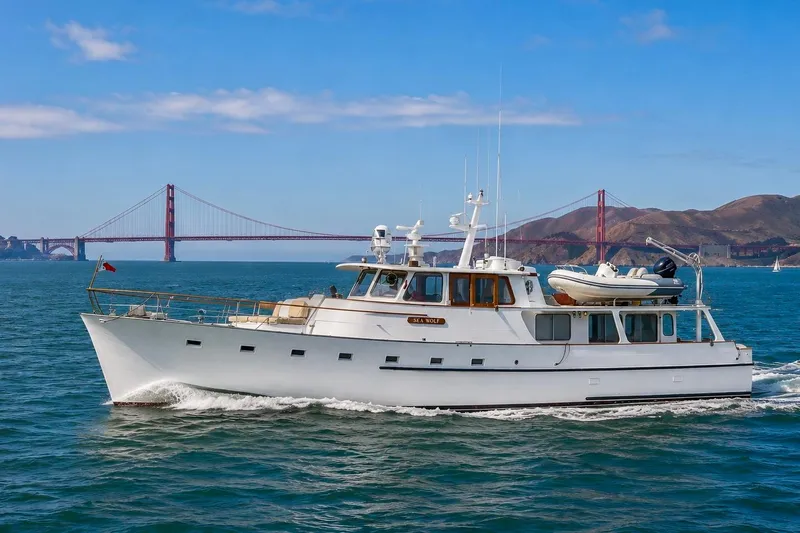 The Image of 1958 Blanchard Pilothouse yacht cruising near Golden Gate Bridge, San Francisco. - 0