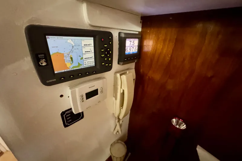 Slide: The Image of 1958 Blanchard Pilothouse navigation equipment with GPS and communication devices. - 36