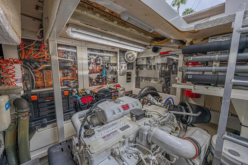 Slide: The Image of Engine room of 2013 Prestige 550 S yacht with complex wiring and machinery. - 47