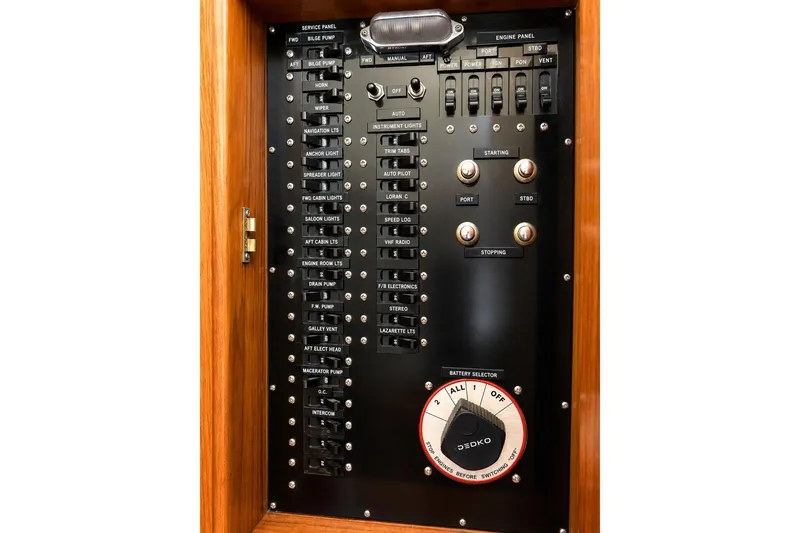 Slide: The Image of Electrical control panel of a 1989 Grand Banks 42 Classic yacht. - 18