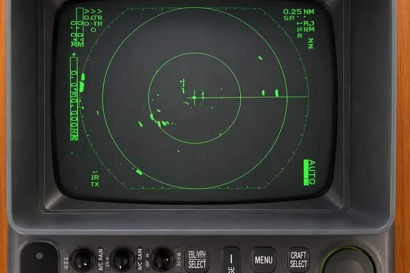Slide: The Image of Radar display on 1989 Grand Banks 42 Classic boat, showing navigation data. - 21