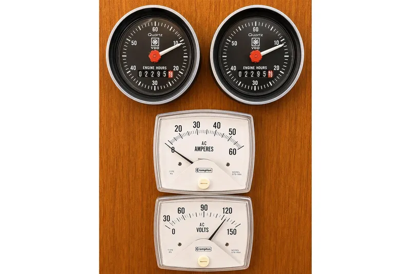 Slide: The Image of 1989 Grand Banks 42 Classic engine and electrical gauges on wooden panel. - 25