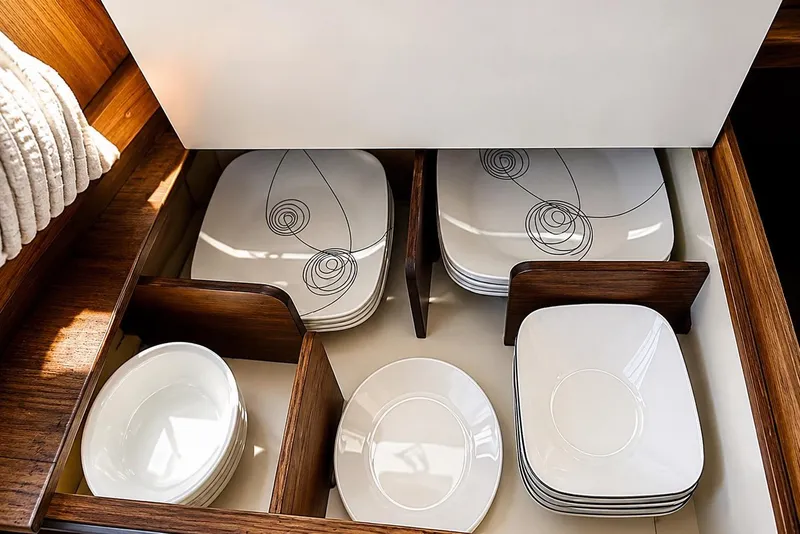 Slide: The Image of Elegant dishware set in wooden drawer on 1989 Grand Banks 42 Classic yacht. - 29
