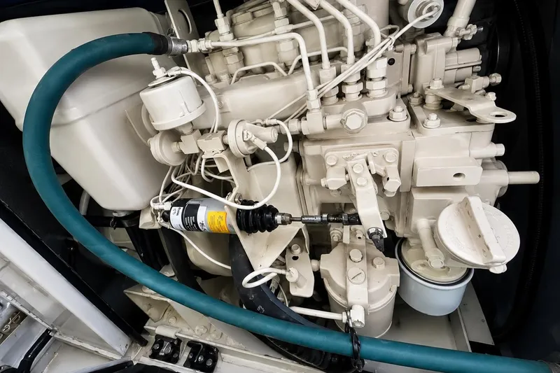 Slide: The Image of Engine compartment of a 1989 Grand Banks 42 Classic yacht, showcasing detailed mechanical components. - 40