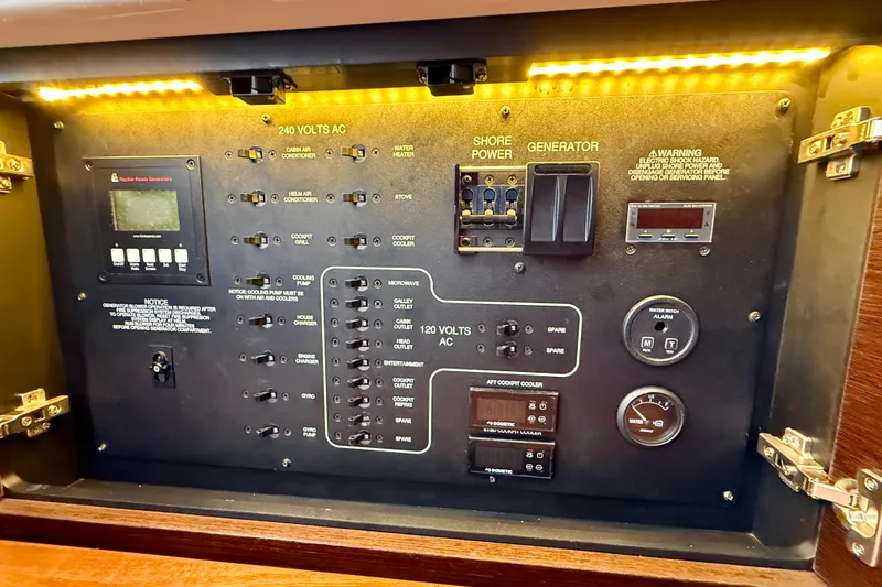 Slide: The Image of Electrical control panel of 2018 Pursuit S 408 Sport boat with illuminated switches. - 85