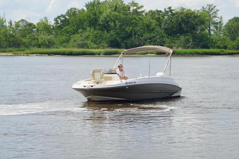 Slide: The Image of 2016 Stingray 192 SC boat cruising on a calm river with lush green trees. - 4