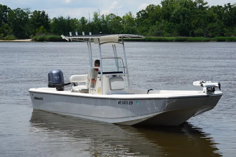 Slide: The Image of 2016 Sundance DX22 boat on calm river with lush green shoreline. - 8