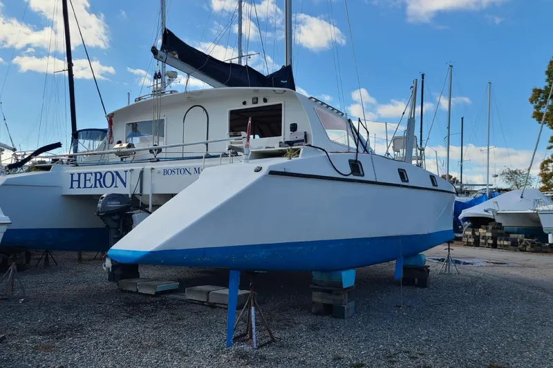 Slide: The Image of 2000 Crowther Catamaran on dry dock, named "Heron," in Boston, Massachusetts. - 3