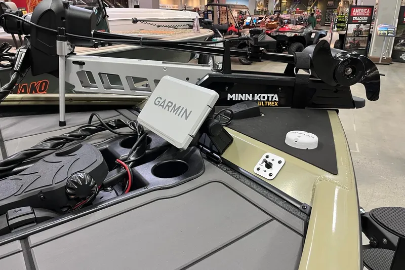 Slide: The Image of 2026 Tracker Savage 215 boat with Garmin and Minn Kota Ultrex equipment. - 8