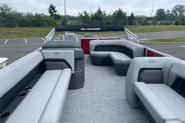 Slide: The Image of 2026 Sun Tracker Party Barge 18 DLX pontoon boat with spacious seating and modern design. - 20