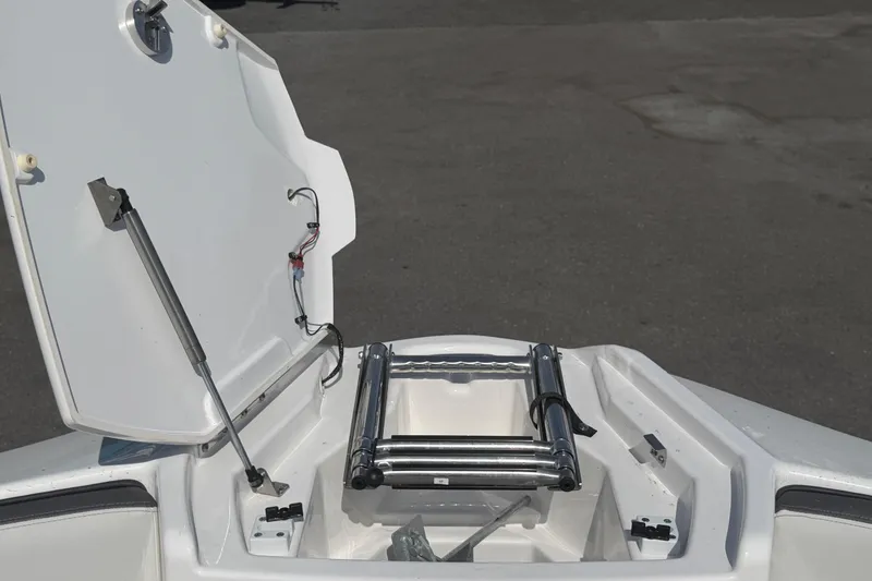 Slide: The Image of 2025 Yamaha Boats AR250 bow storage compartment with ladder, open lid, and hydraulic support. - 37