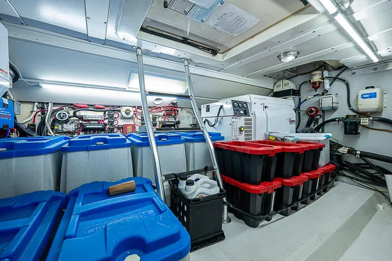 Slide: The Image of Engine room of 2003 Magna Marine Nova Scotia 47 with storage bins and equipment. - 53