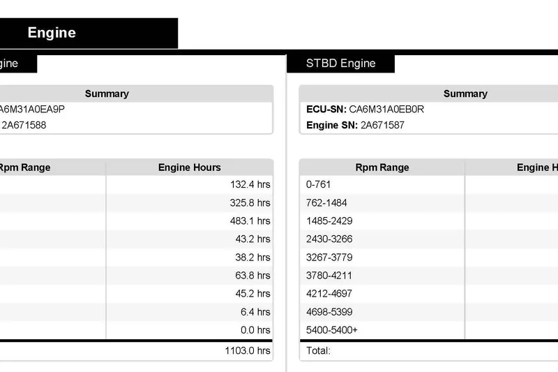 Slide: The Image of Engine summary for 2019 Sea Ray Sundancer 320, displaying RPM ranges and engine hours. - 3