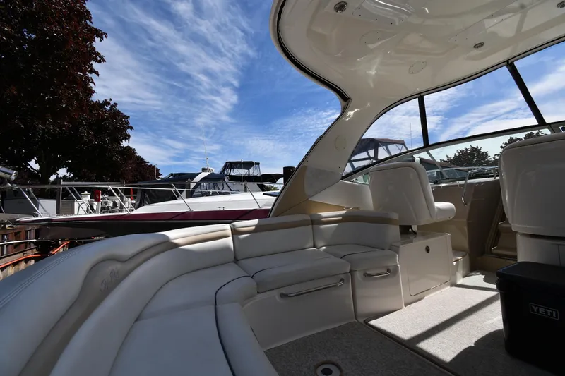 Slide: The Image of Interior view of 2008 Sea Ray Sundancer 350 yacht with seating and clear sky. - 17