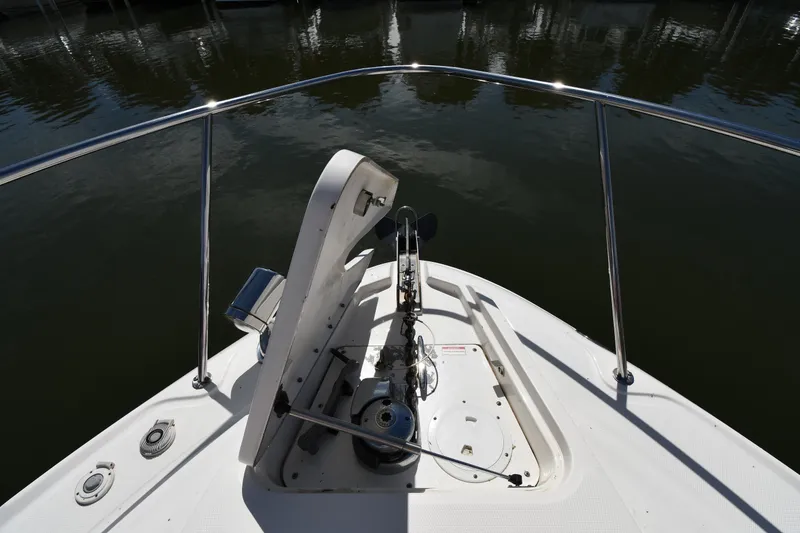 Slide: The Image of Bow view of 2008 Sea Ray Sundancer 350 yacht, featuring anchor and railing. - 5
