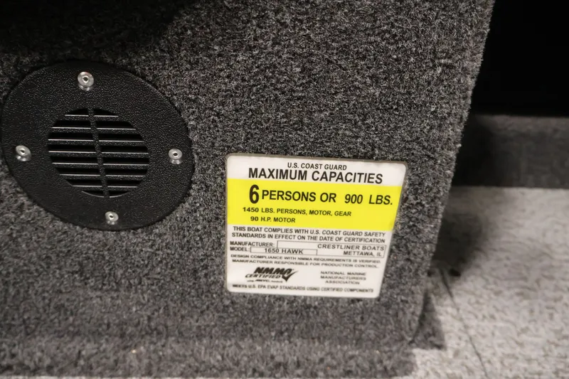 Slide: The Image of 2026 Crestliner 1650 Hawk WT capacity label, 6 persons or 900 lbs, safety compliance. - 27