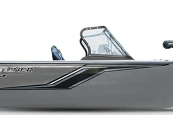 Slide: The Image of 2026 Crestliner 1650 Hawk WT boat, sleek design, side view, gray color. - 48