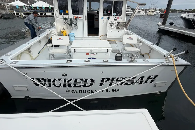 Slide: The Image of 2018 H&H Marine Osmond Beal boat named "Wicked Pissah" docked in Gloucester, MA. - 16