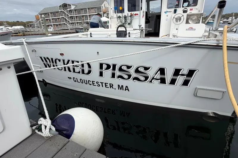 Slide: The Image of 2018 H&H Marine Osmond Beal boat named "Wicked Pissah" docked in Gloucester, MA. - 17