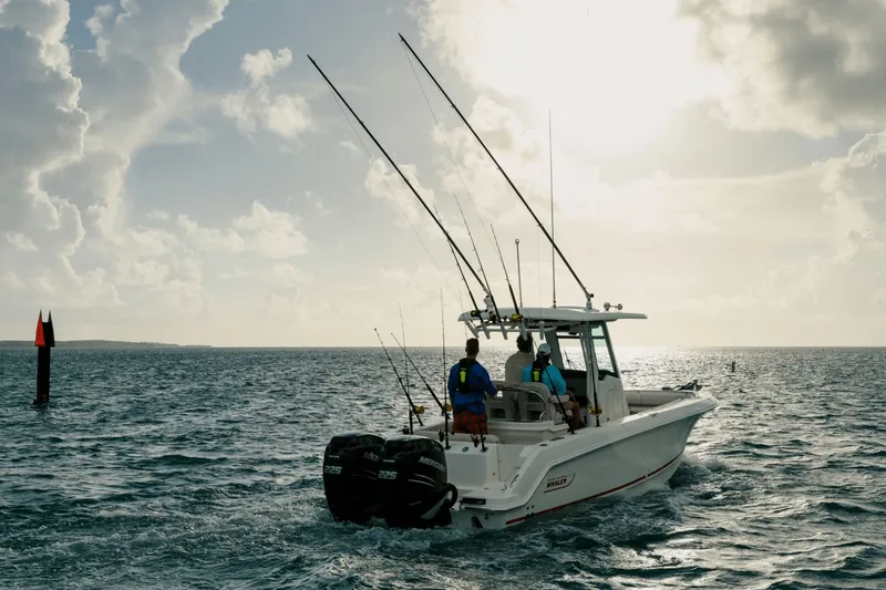 Slide: The Image of A 2027 Boston Whaler 250 Outrage on the sea, equipped with multiple fishing rods. - 19
