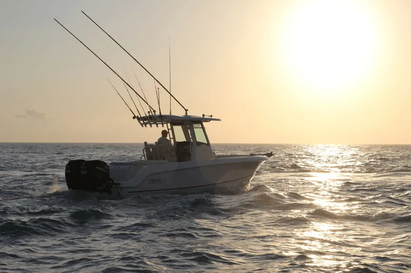 Slide: The Image of A 2027 Boston Whaler 250 Outrage cruising on the sea at sunset. - 8