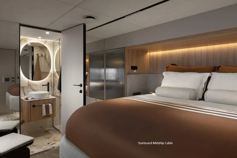 Slide: The Image of Luxurious 2025 Moon 60 yacht cabin with modern design and elegant bathroom. - 17
