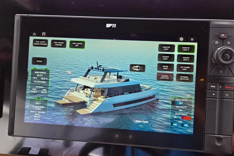Slide: The Image of Touchscreen yacht control panel displaying navigation and system settings for Moon 60, 2025 model. - 32