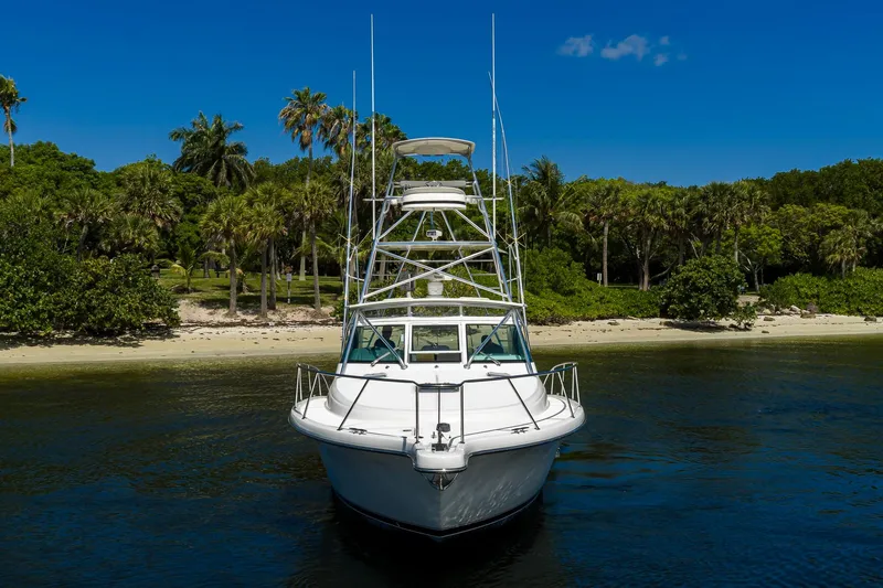 Slide: The Image of Front view of a 2004 Pursuit 3800 Express boat near a tropical shoreline. - 13