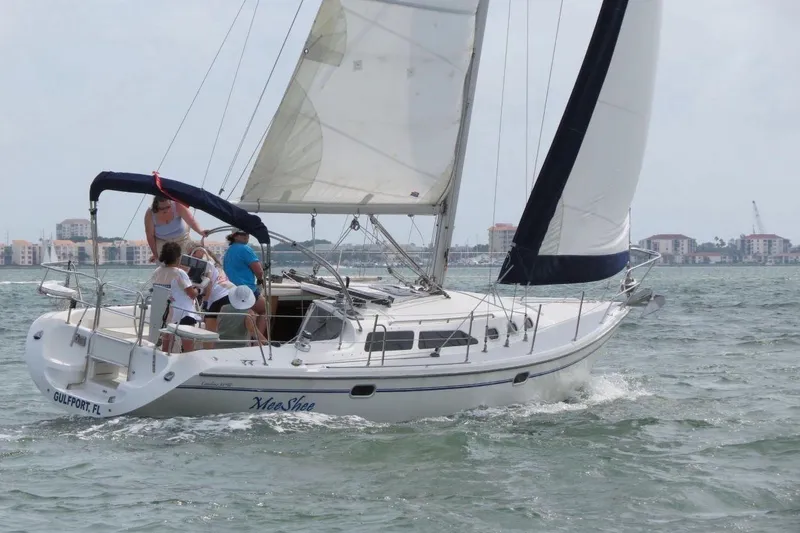 The Image of Sailing Catalina 34 MkII 2001 on water with crew, cityscape in background. - 0