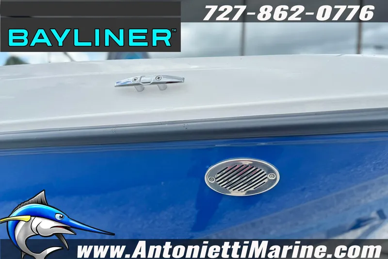 Slide: The Image of 2026 Bayliner Element E16 boat with blue hull, Antonietti Marine branding. - 19