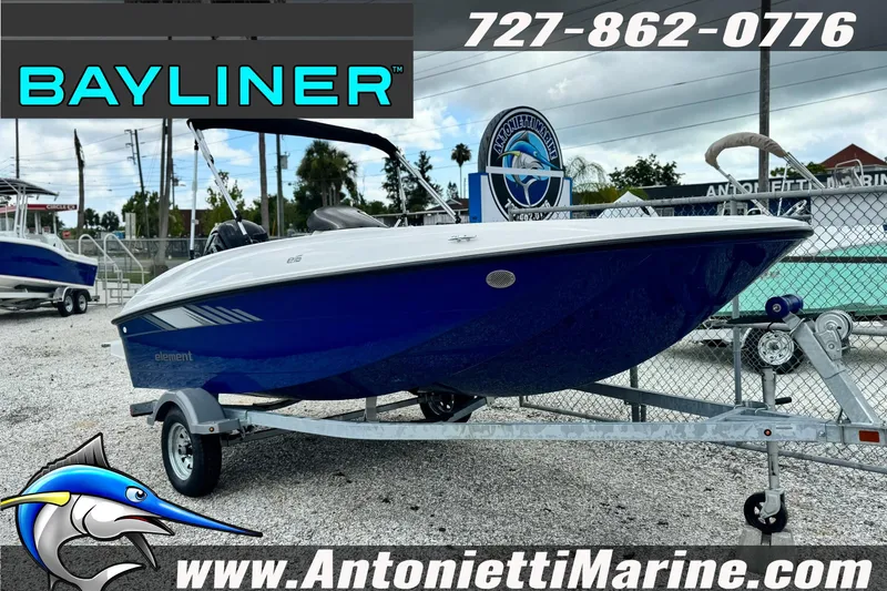 The Image of 2026 Bayliner Element E16 boat on trailer at Antonietti Marine dealership. - 0