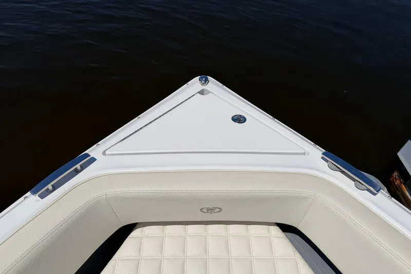 Slide: The Image of Bow of 2020 Cobalt R3 boat with white seating and dark water background. - 3
