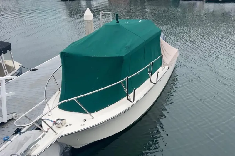 Slide: The Image of 2016 Defiance San Juan 250 boat docked with green cover on calm water. - 62