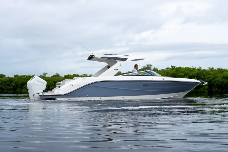 Slide: The Image of A sleek, modern motorboat on calm water, surrounded by green vegetation. - 36