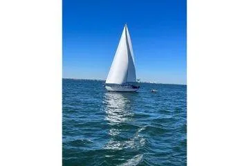 Slide: The Image of Sailboat on open water, Reliance 44 model, 2011, under clear blue sky. - 2